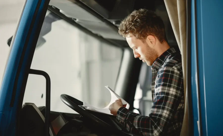 Jak wygląda codzienna praca kierowcy ciężarówki – kierowca uzupełniający dokumentację w pojeździe